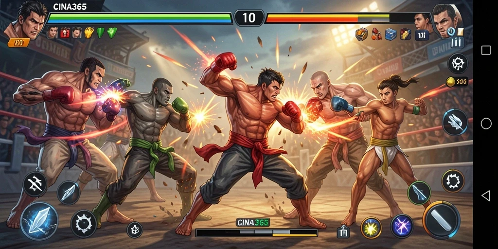 Gameplay CINA365 dengan pertarungan yang seru dan karakter unik.