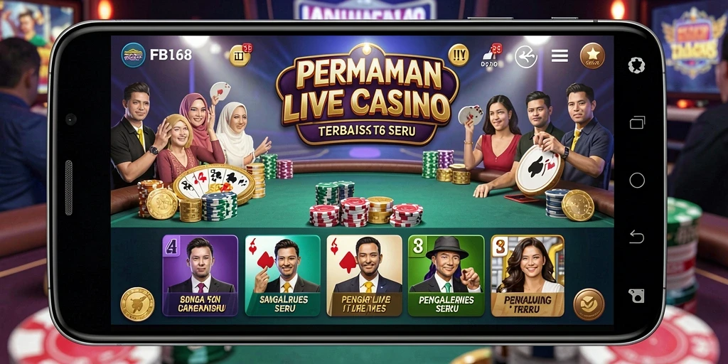 Tampilan gameplay Live Casino FB168 dengan dealer dan interaksi pemain.