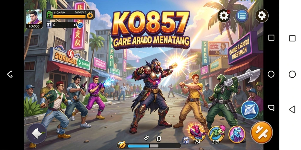 Menampilkan gameplay seru dari KO857 dalam suasana Arcade yang penuh warna.