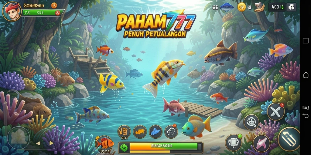 Tampilan menarik dari gameplay memancing PAHAM777 dengan ikan yang berwarna-warni.