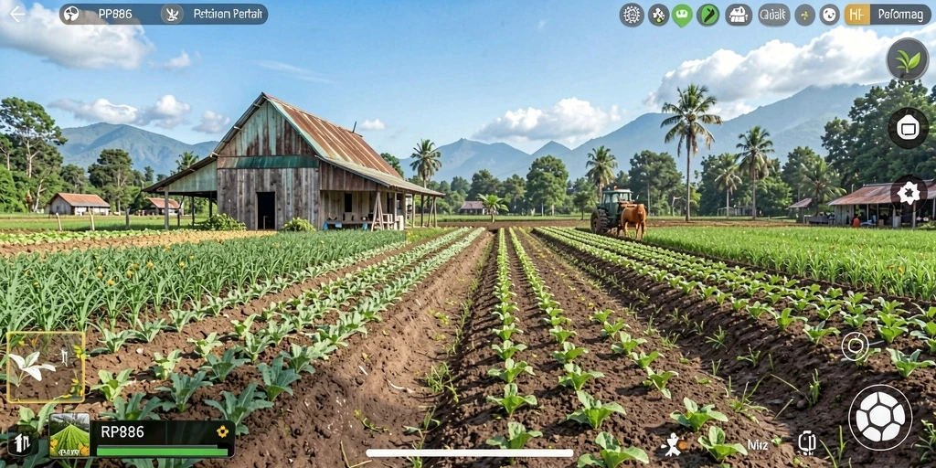 Menampilkan petani yang sedang merawat tanaman di lahan pertanian yang subur.