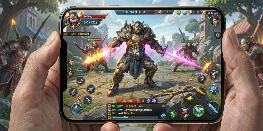Screenshot dari gameplay SARANAJITU menampilkan pertempuran strategi yang mendebarkan.