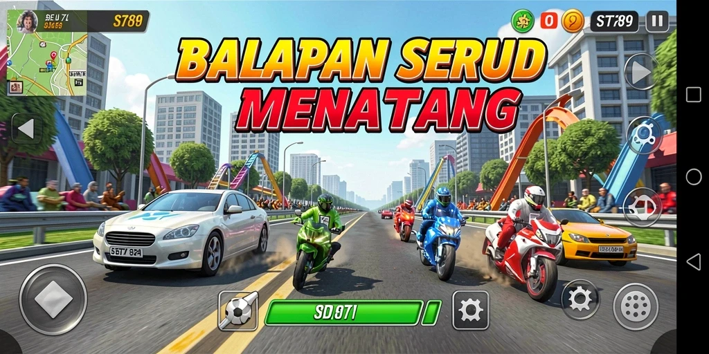 Screenshot gameplay ST789 menampilkan balapan seru dengan grafik menawan.