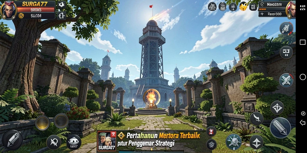 Cuplikan gameplay SURGA77 menunjukkan strategi pertahanan menara yang mendebarkan.
