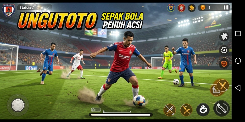 Screenshot gameplay penuh aksi UNGUTOTO menampilkan pertandingan sepak bola yang seru.
